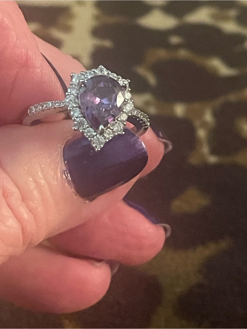 Silver Pear-Shaped Amethyst Halo Ring - Purple adjustable sz